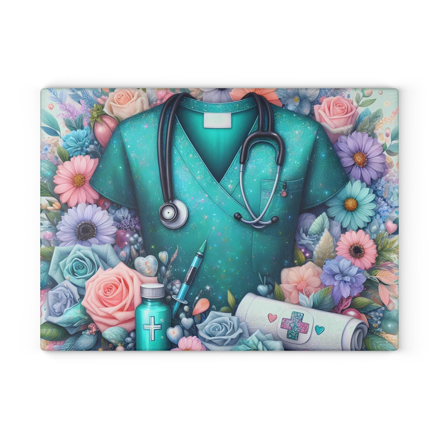 🩺 Nurse Scrubs & Florals Cutting Board – Heartfelt Medical Elegance for Your Kitchen 🌸