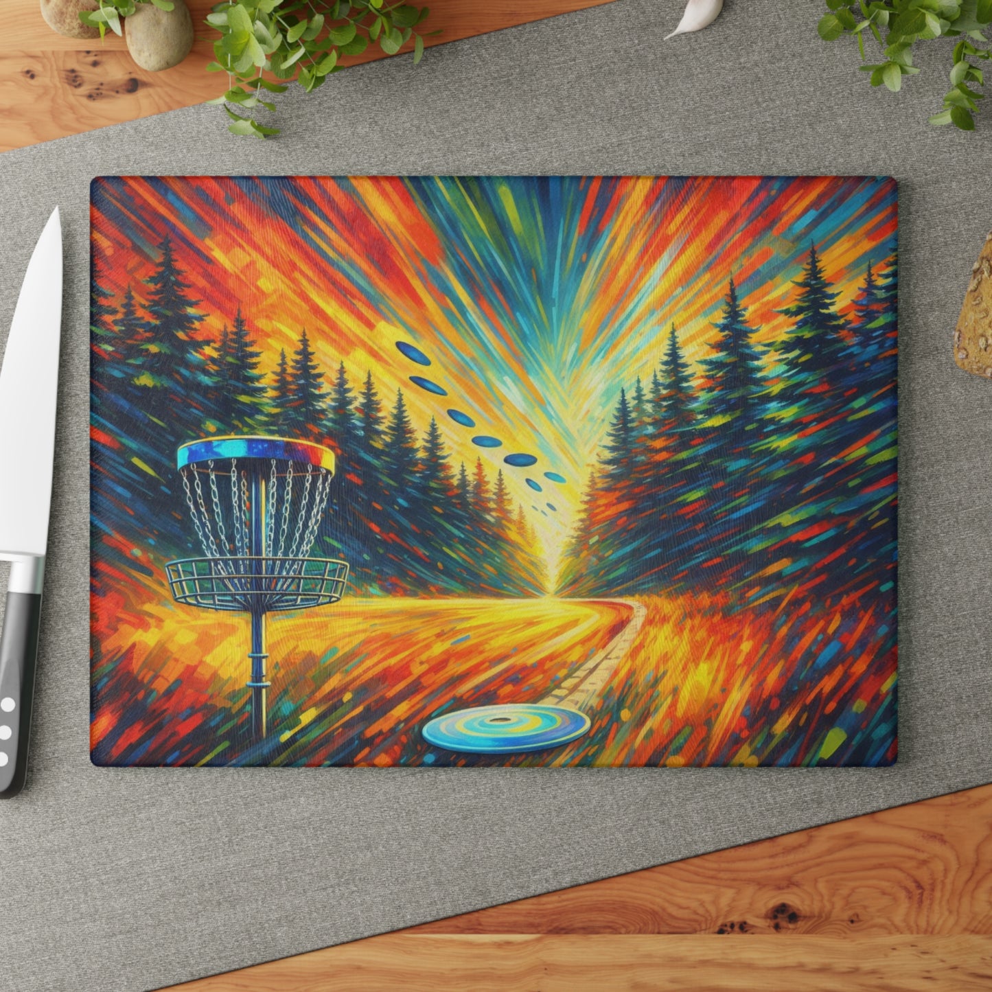 Disc Golf Basket Sunset Glass Cutting Board – Colorful Outdoor Sports Artwork