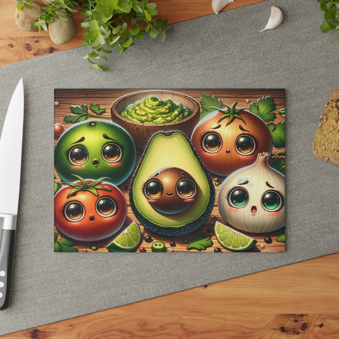🥑💚 “Guac Squad Cuties” Glass Cutting Board – Cozy Charm for Your Kitchen
