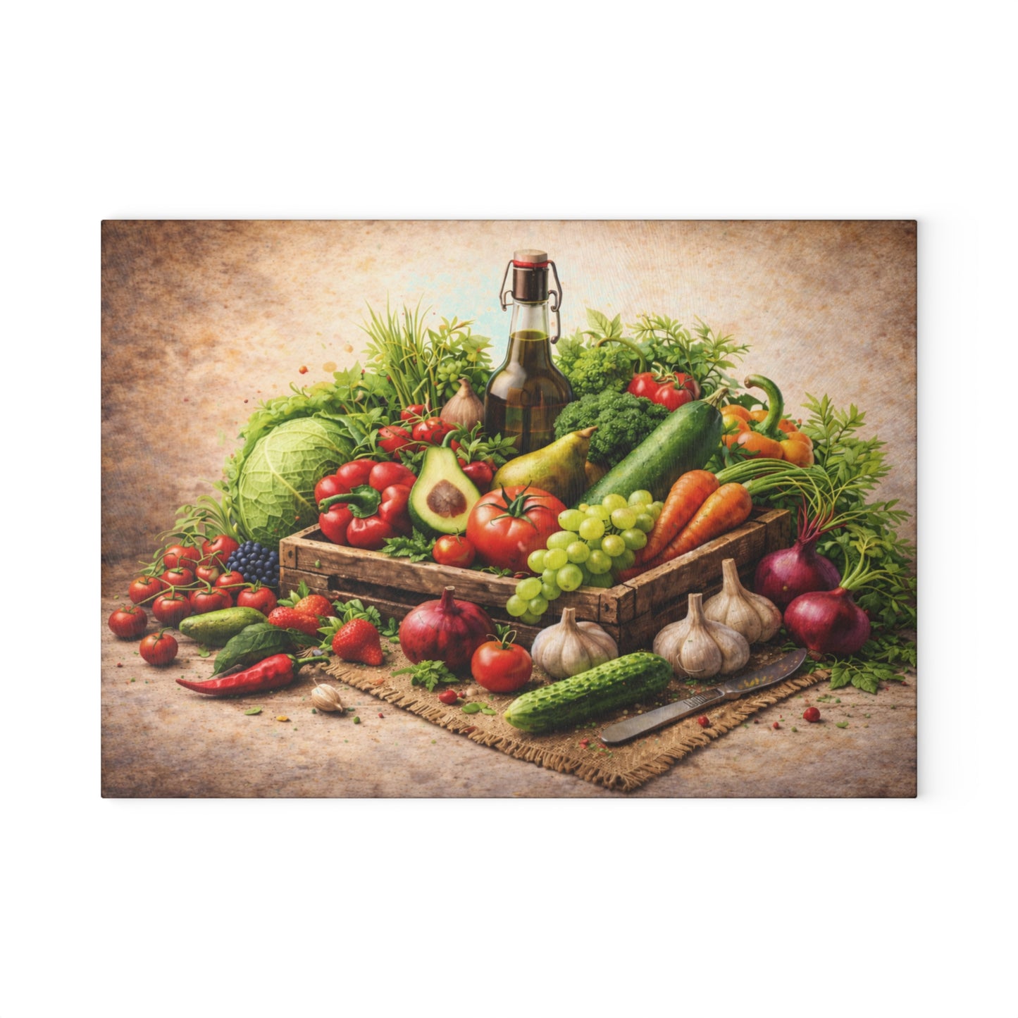 Farm Fresh Harvest Glass Cutting Board – Rustic Market Vegetable Kitchen Art