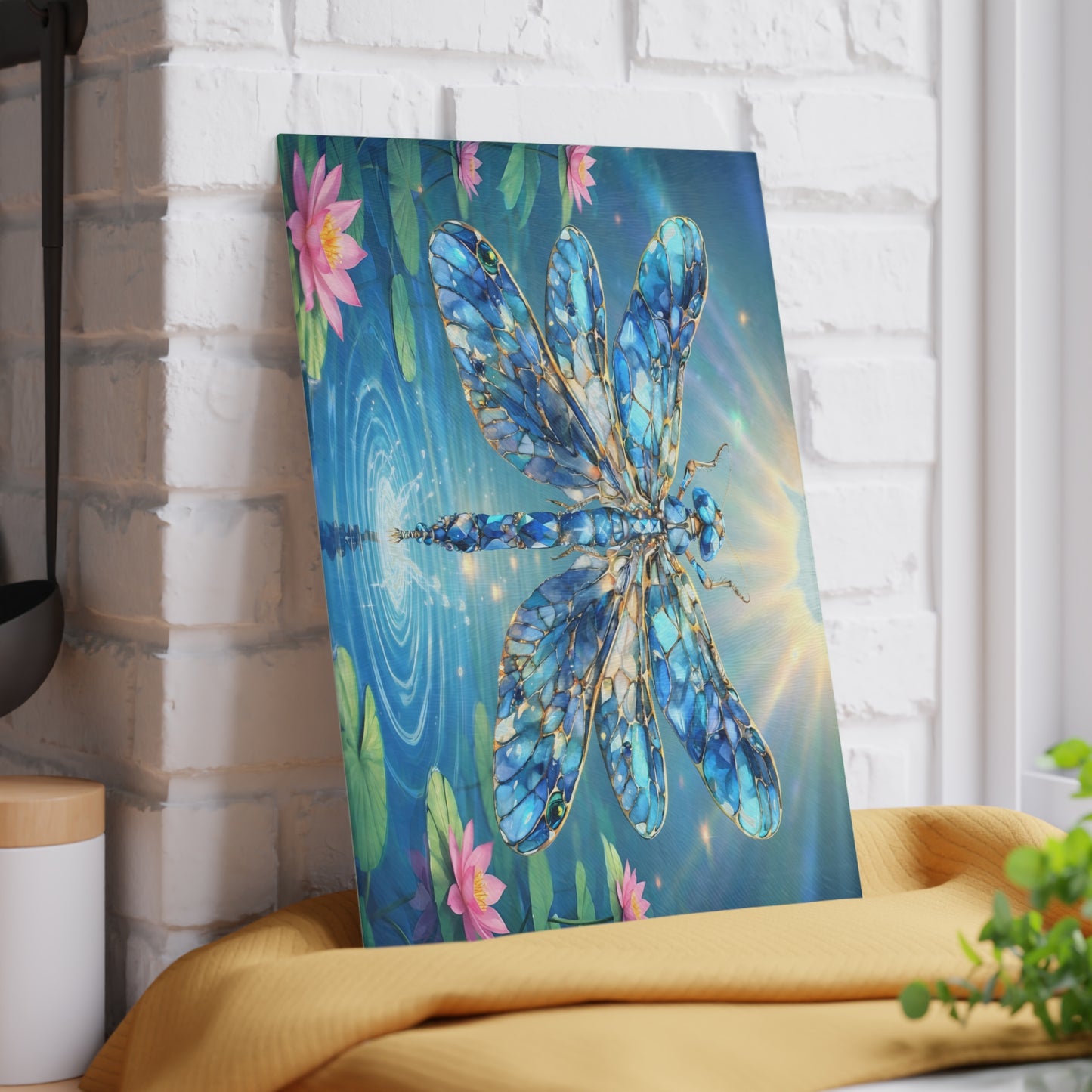 Radiant Dragonfly Glass Cutting Board – Tranquil Pond Art Kitchen Decor