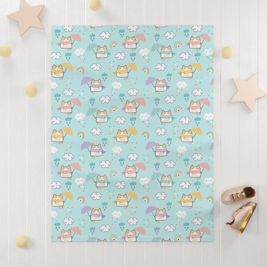 Rainy Day Kitties Baby Blanket – Ultra-Soft Fleece 30″×40″ | Pastel Cats, Umbrellas & Rainbows