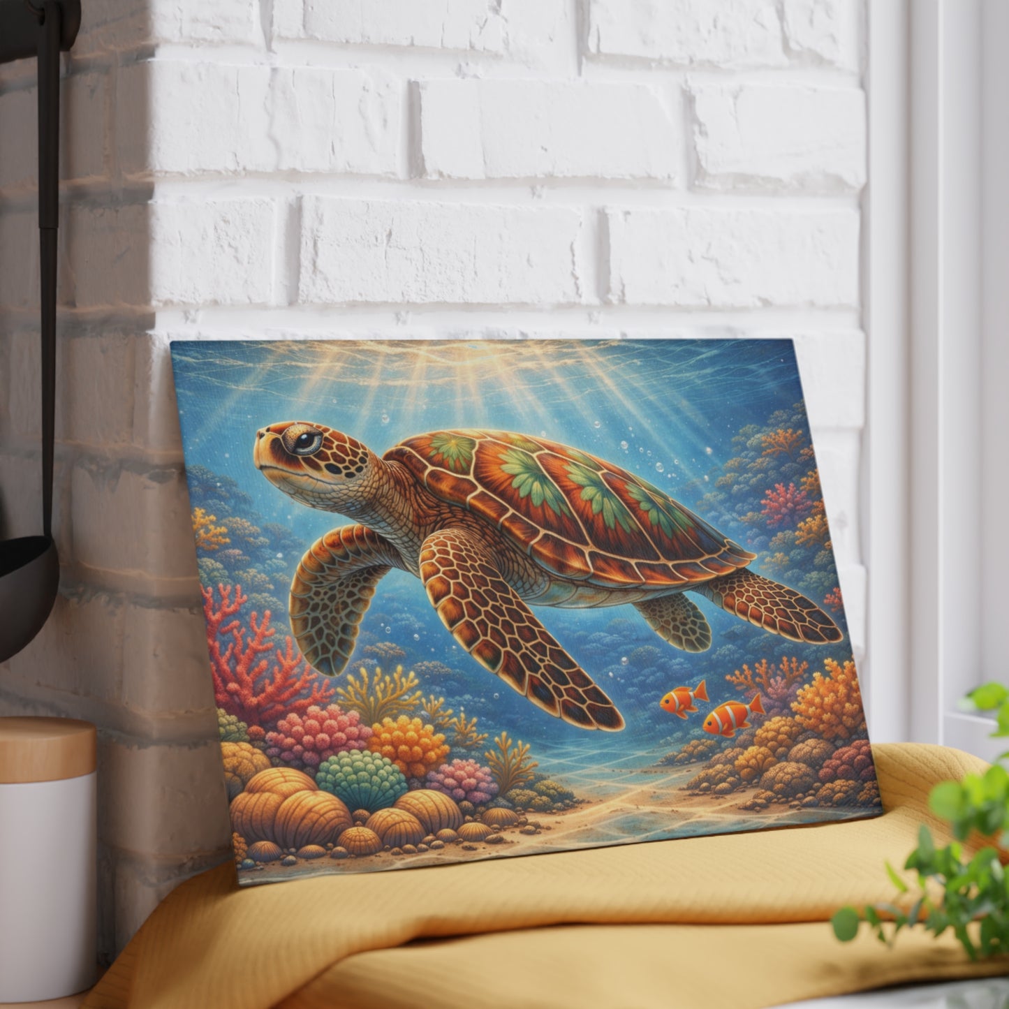 Colorful Sea Turtle Glass Cutting Board – Vibrant Underwater Ocean Reef Kitchen Art