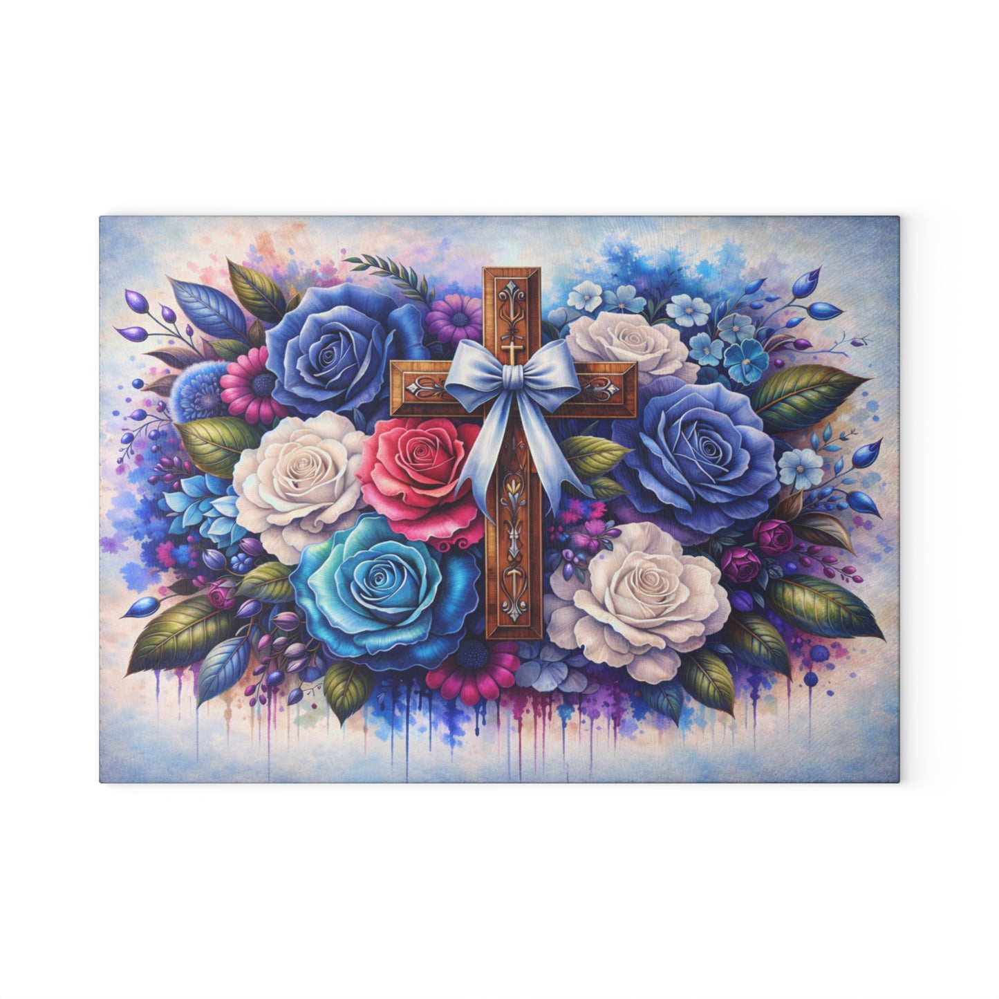 Floral Cross Glass Cutting Board – Faith-Inspired Christian Kitchen Art