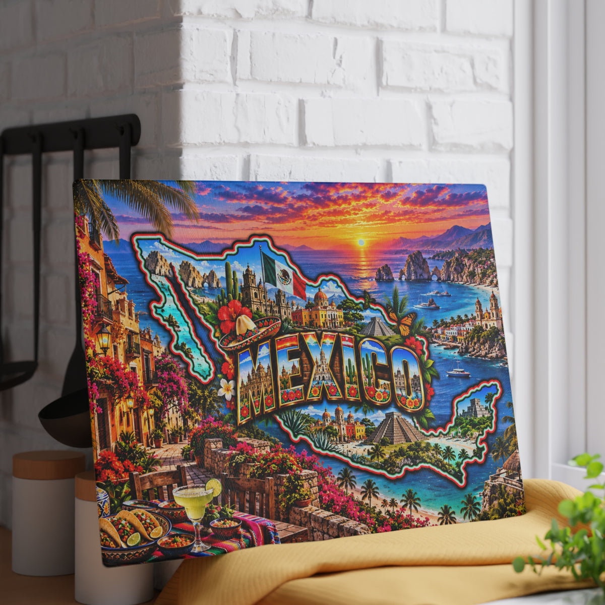 Mexico Map Cutting Board – Colorful Mexican Landmarks, Tropical Beaches, Mayan Pyramids, Mexican Flag & Kitchen Décor