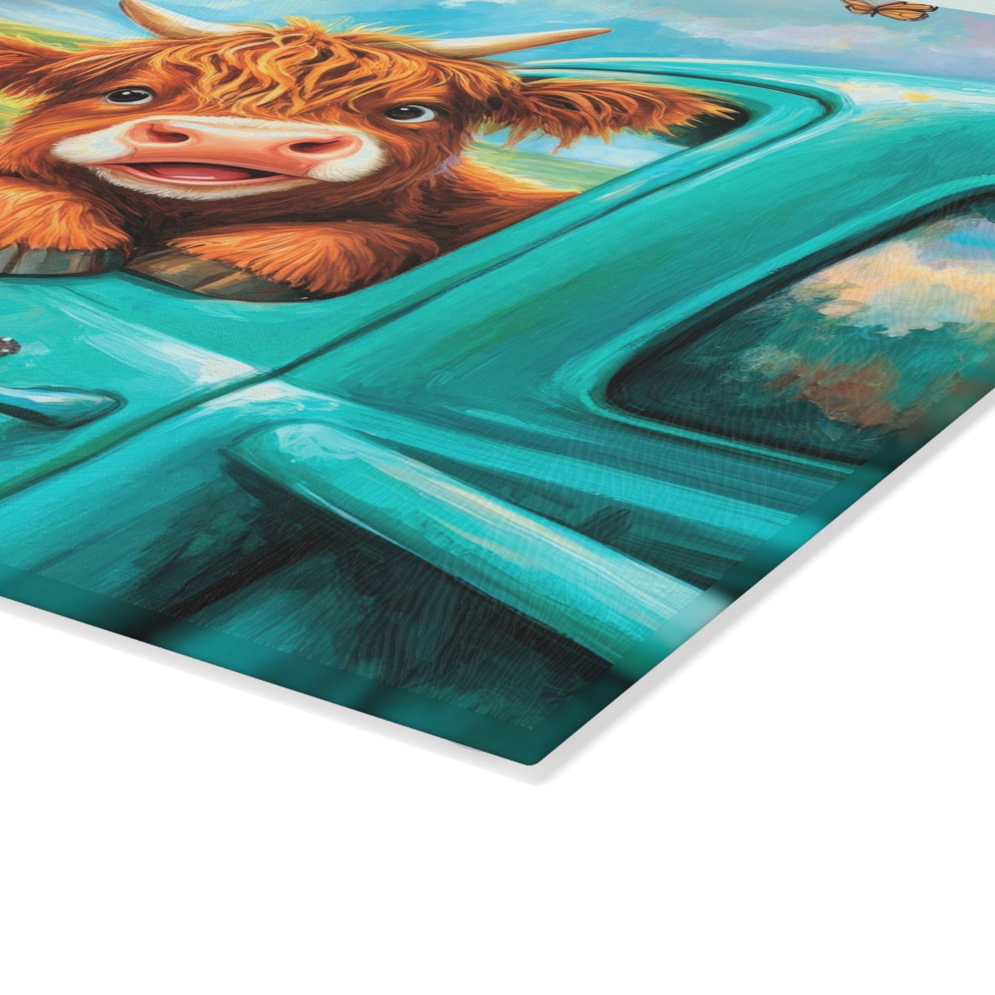 🚜🌻 Baby Highland Cow in Old Truck Glass Cutting Board – Rustic Farm Charm with Sunflowers & Barn 🌼