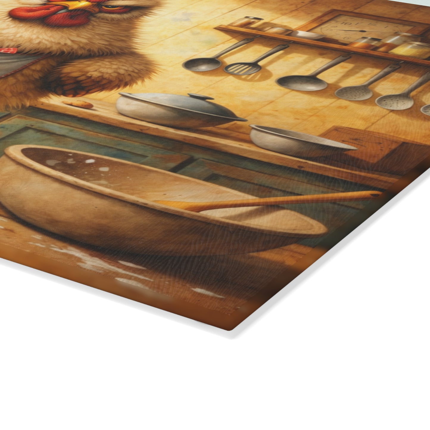 Feisty Farmhouse Chicken Glass Cutting Board – Rustic Kitchen Art with Attitude