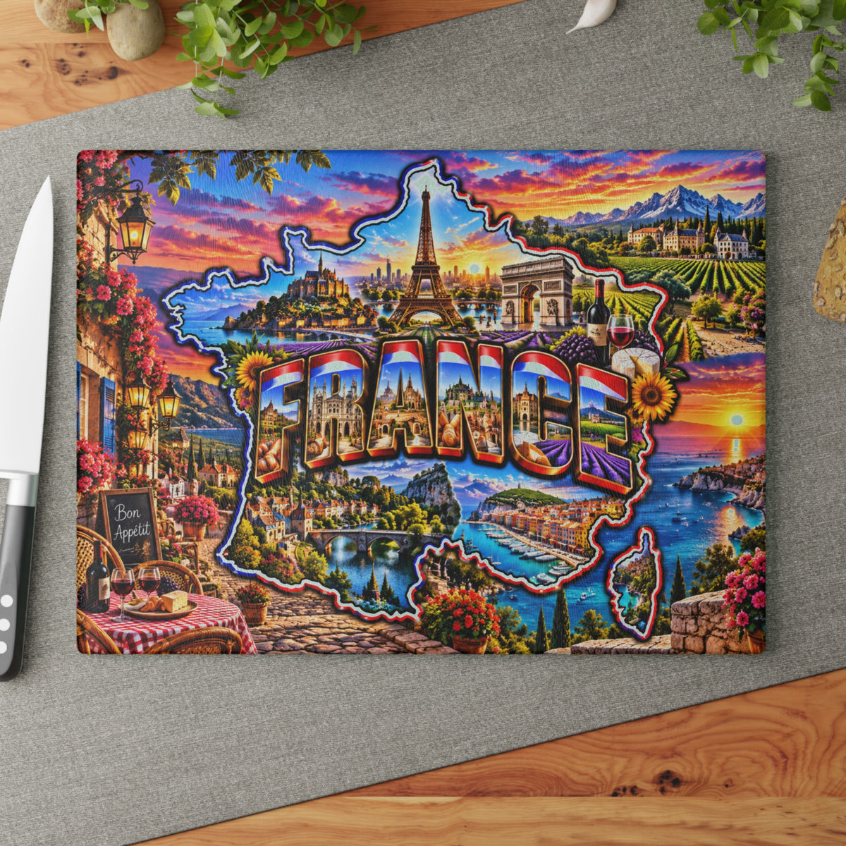 France Map Cutting Board – Eiffel Tower, Paris Landmarks, Lavender Fields, French Riviera & Scenic Kitchen Décor