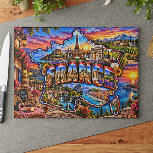 France Map Cutting Board – Eiffel Tower, Paris Landmarks, Lavender Fields, French Riviera & Scenic Kitchen Décor