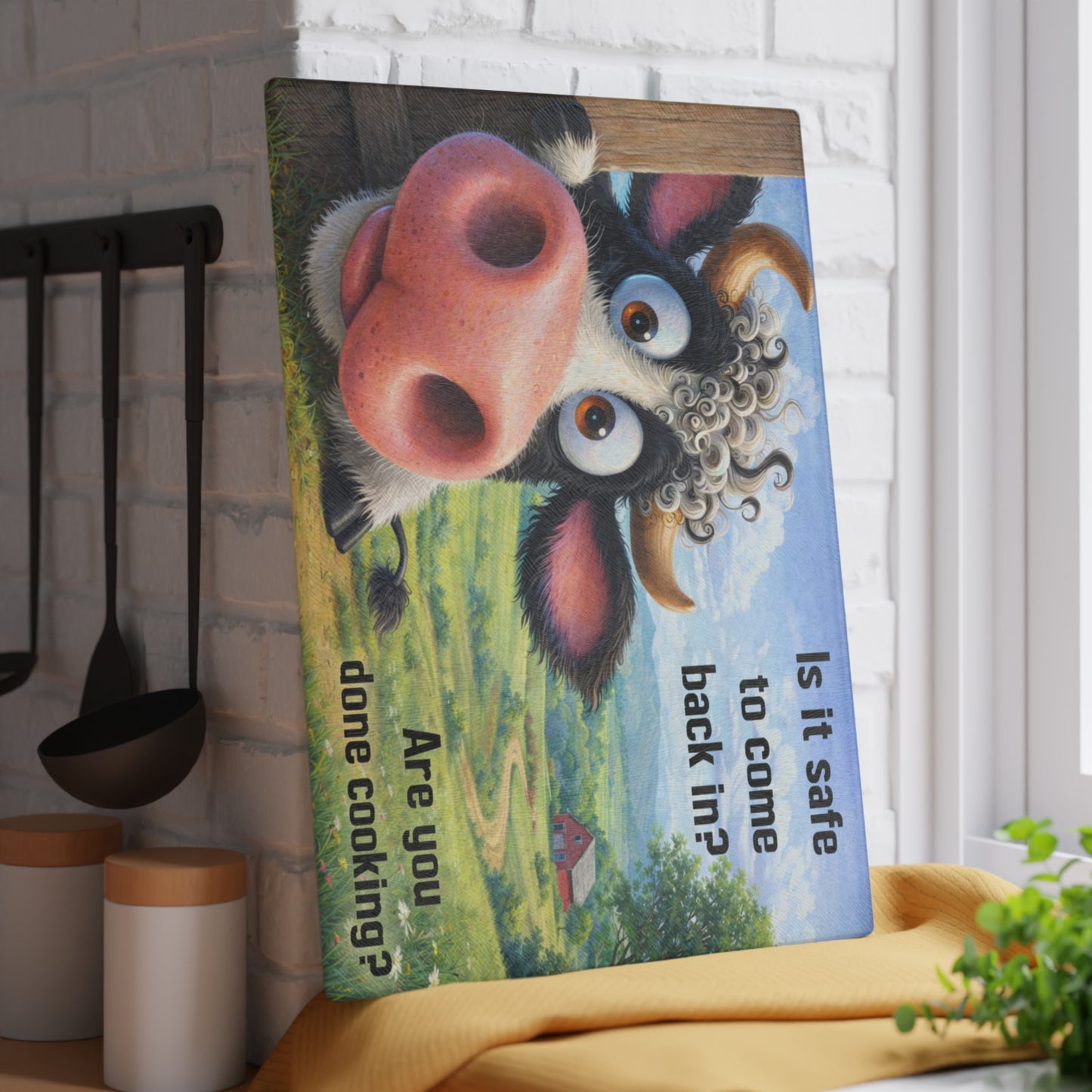 Is It Safe to Come Back In? Funny Farm Cow Glass Cutting Board – Whimsical Country Kitchen Humor
