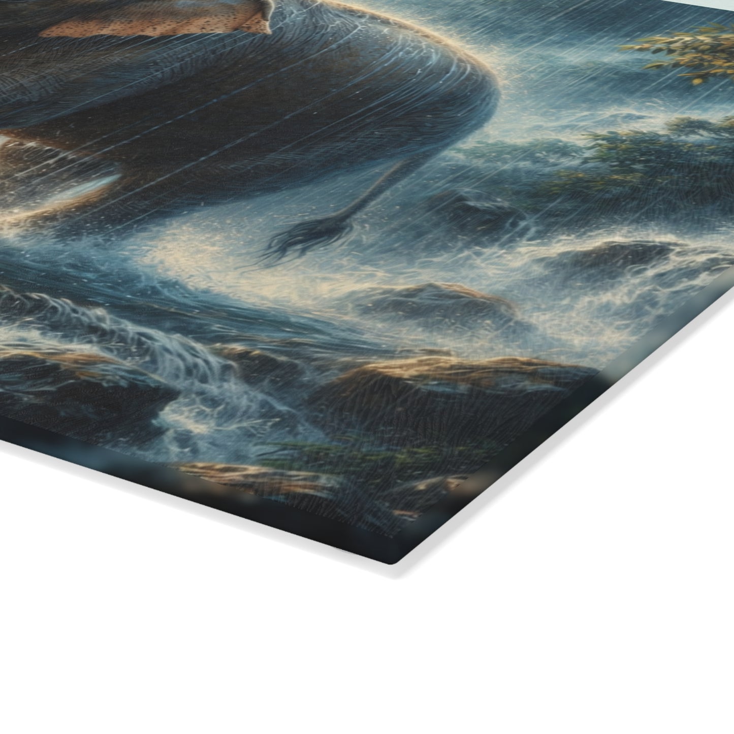 Elephant and Calf Rainforest Waterfall Glass Cutting Board – Dramatic Wildlife Kitchen Art