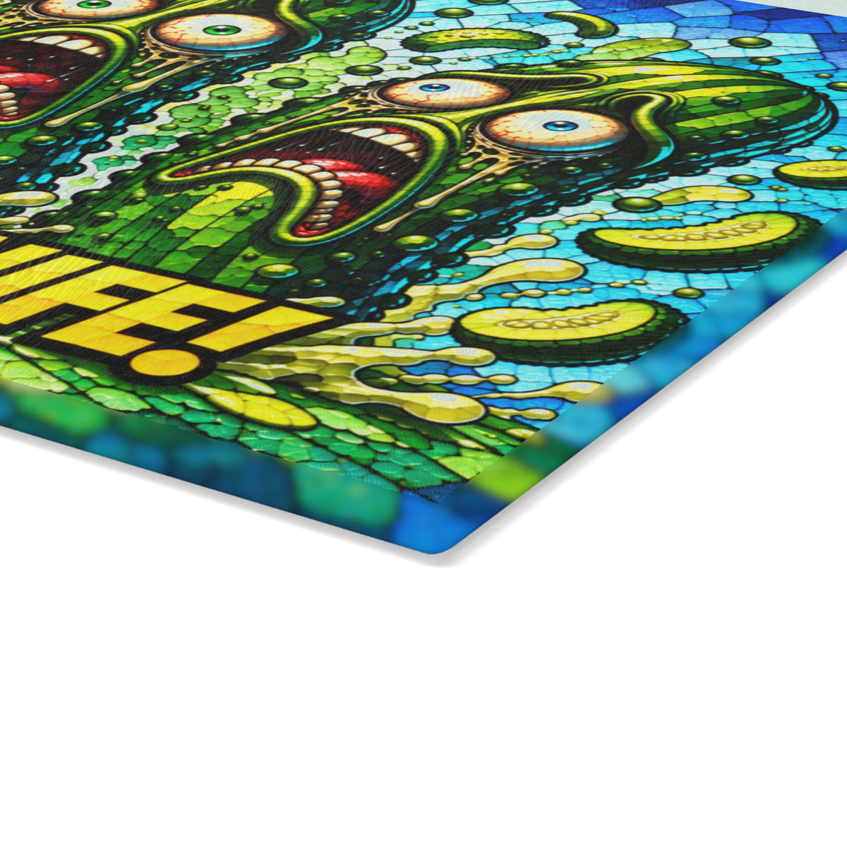 She Has a Knife! Funny Pickle Stained-Glass-Inspired Glass Cutting Board