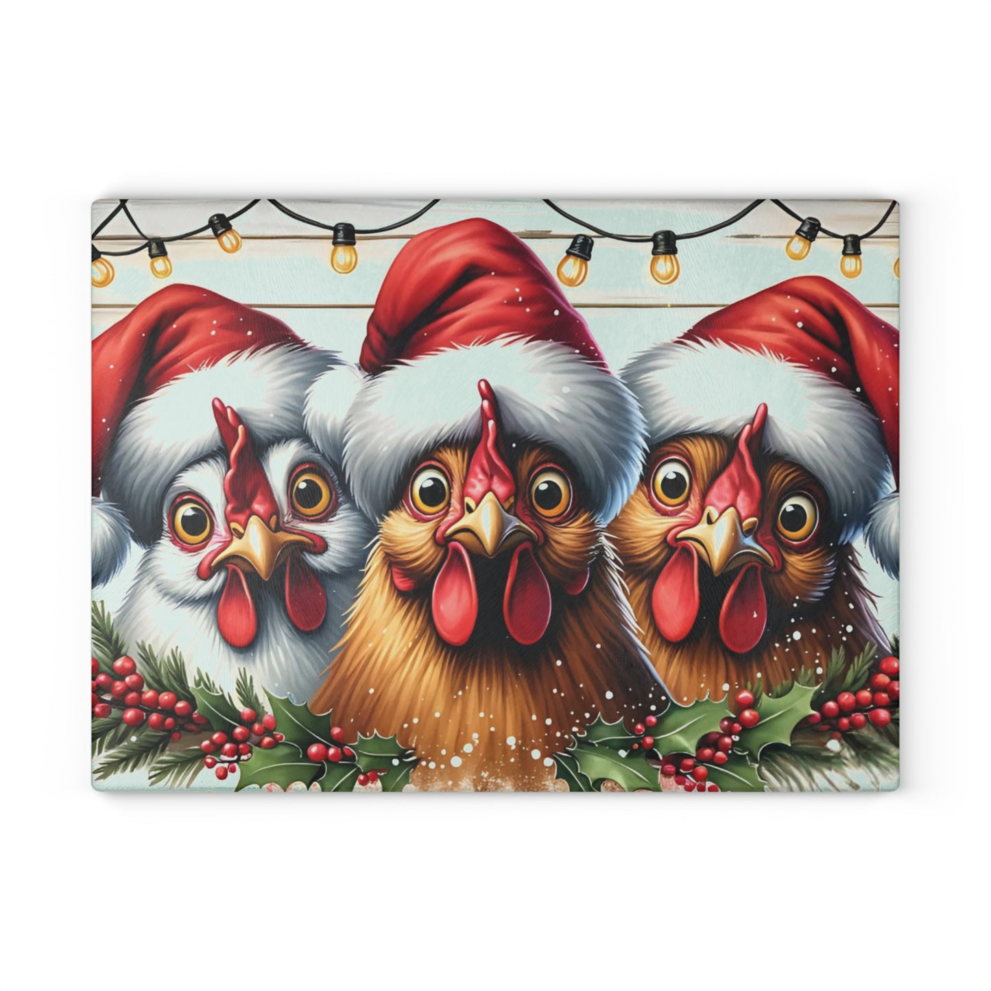 🐔🎄 “Santa Hat Chickens – Whatcha Makin’?” Glass Cutting Board – Cozy Charm for Your Kitchen
