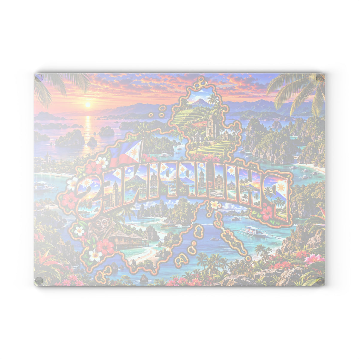 Philippines Glass Cutting Board – Tropical Island Map, Palawan Lagoons, Mayon Volcano, Philippine Flag & Sunset Kitchen Décor
