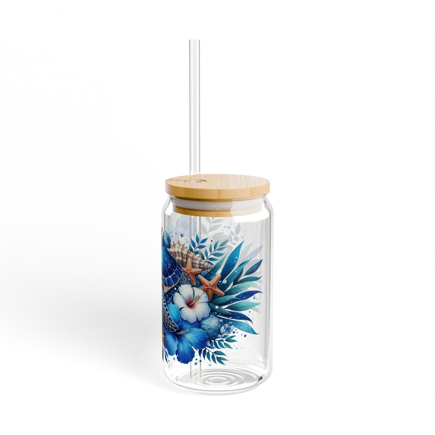 Vaso para beber con forma de tortuga marina azul y estrella de mar – 16 oz Ocean Vibes con tapa de bambú y pajita 🌊