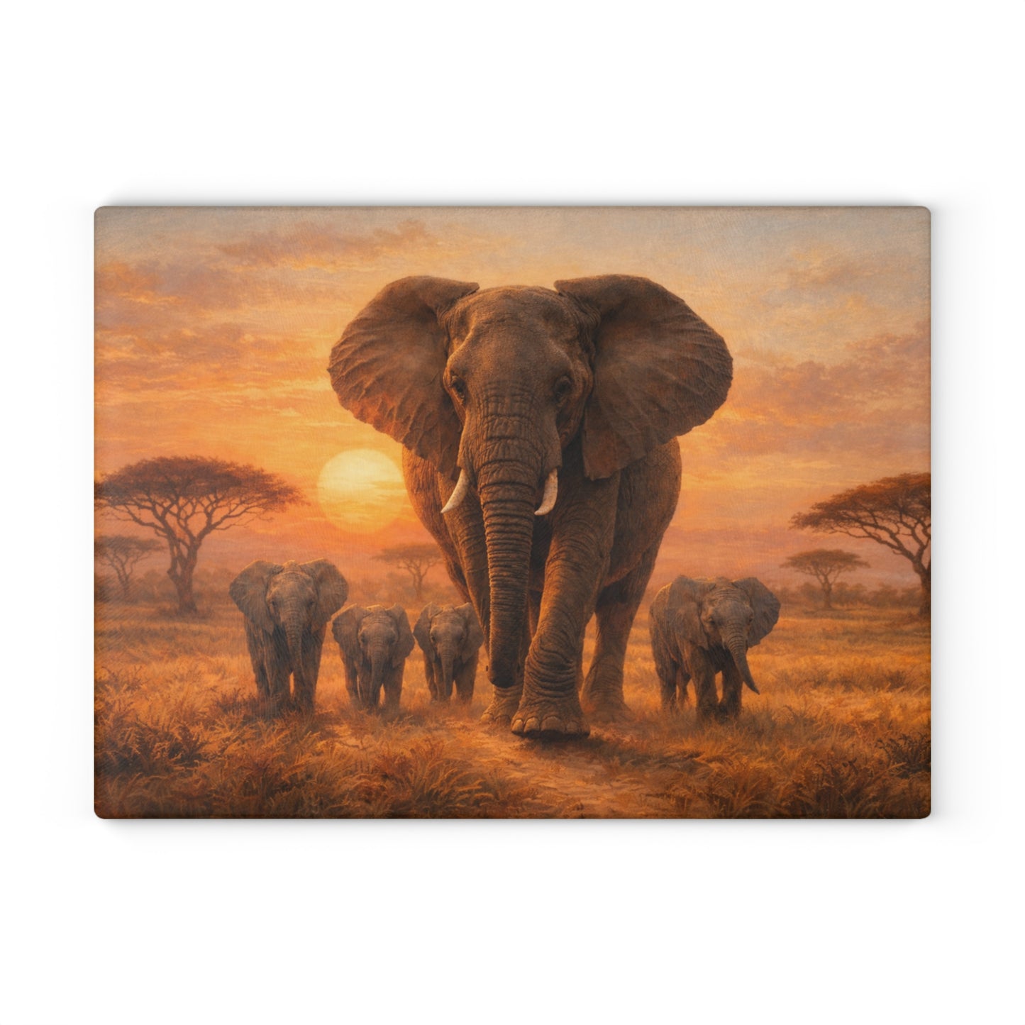 Elephant Family Sunset Safari Glass Cutting Board – Majestic Wildlife Landscape Kitchen Art