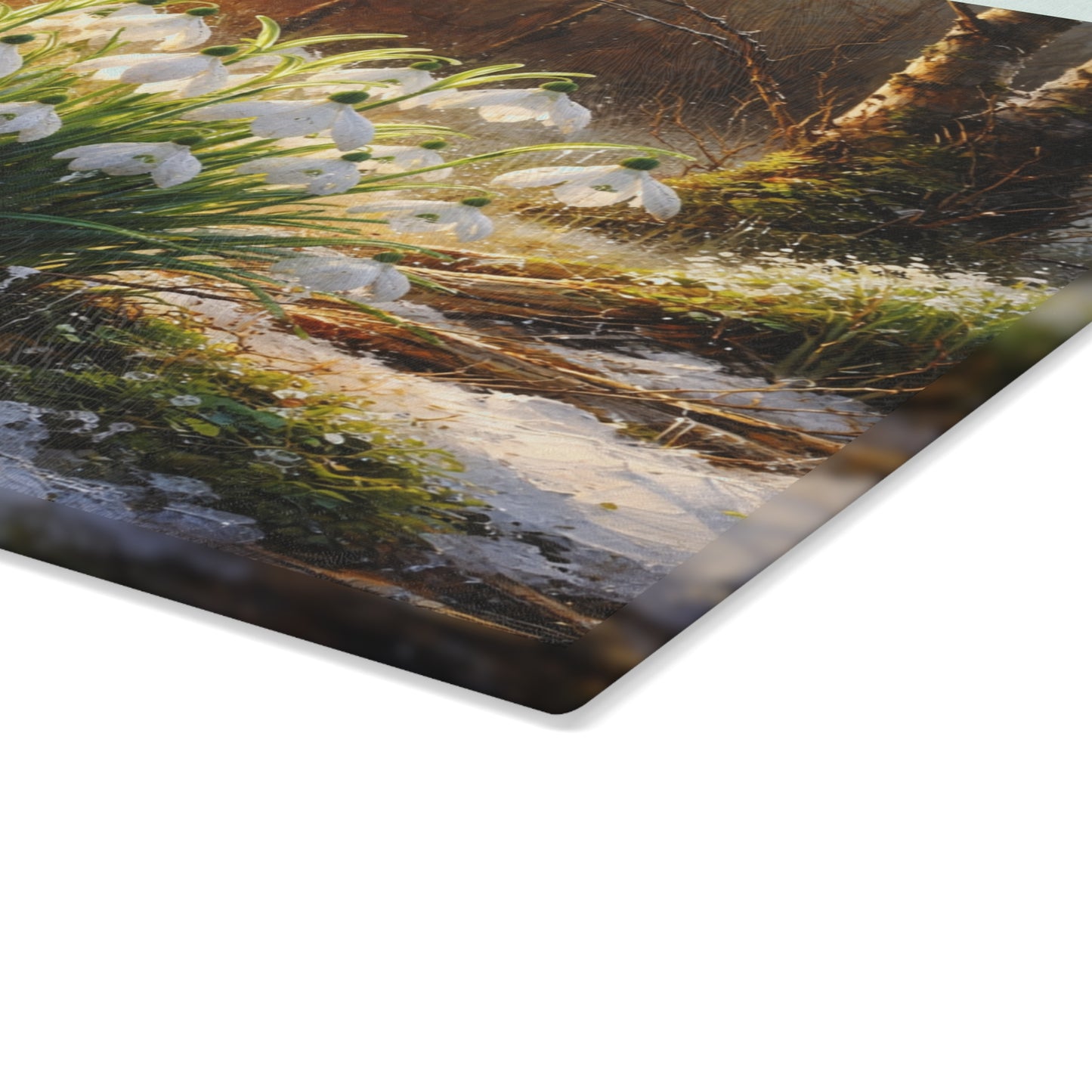 Snowdrops in Winter Forest Glass Cutting Board – Early Spring Botanical Nature Art