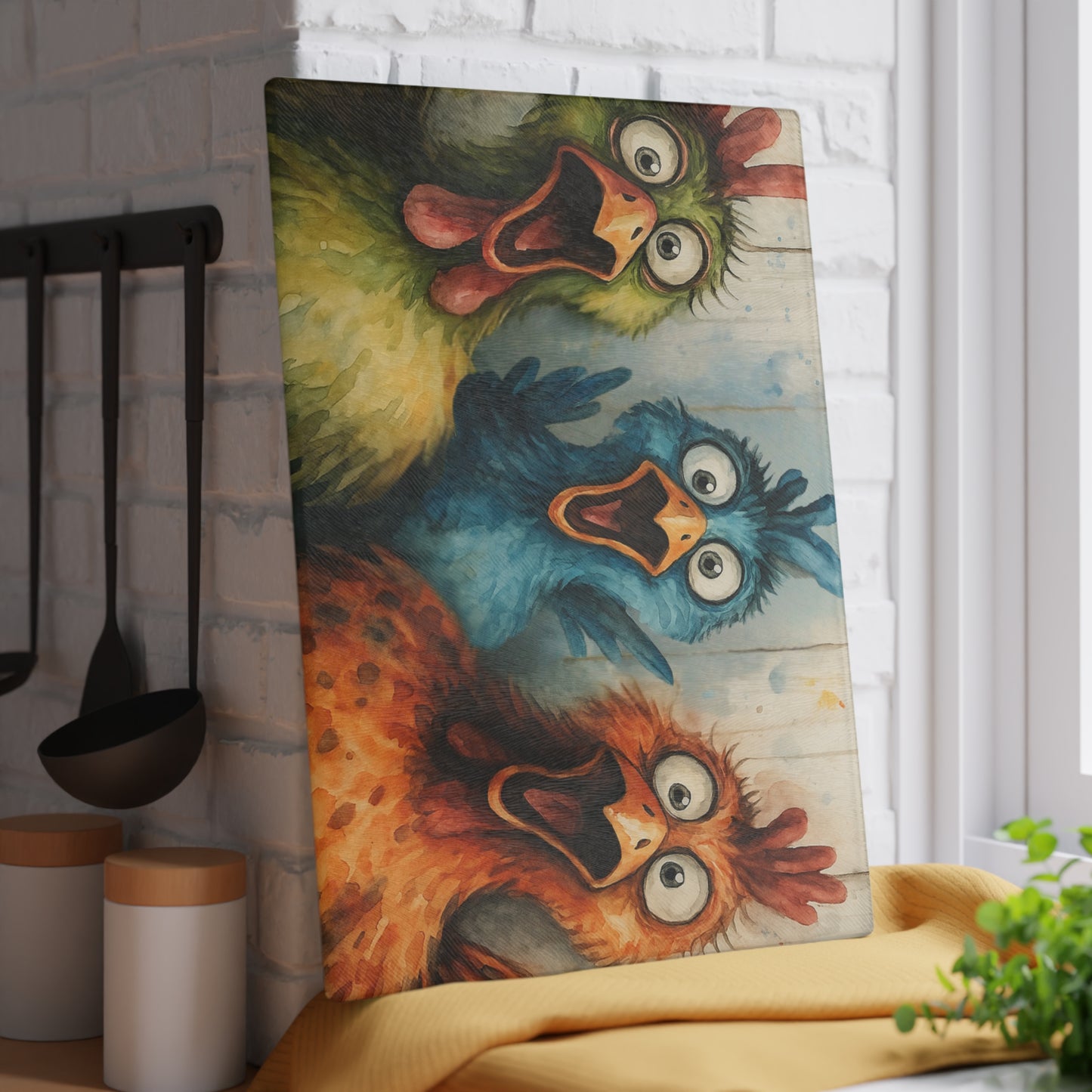 🐔🎨 Cluckin’ Crazy Fun – Colorful Chicken Glass Cutting Board for Farmhouse Charm 🐓