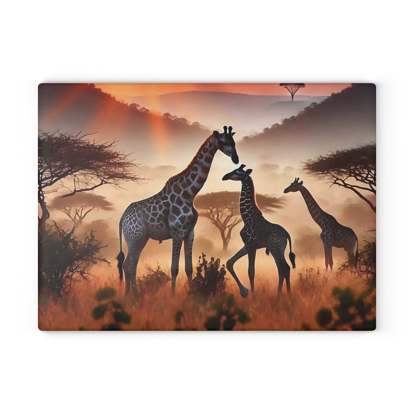 Tabla de cortar de vidrio con diseño de jirafa al atardecer, decoración de cocina, regalo de inauguración de la casa, regalo para amantes de los animales, regalo personalizado de vidrio templado, tabla de charcutería