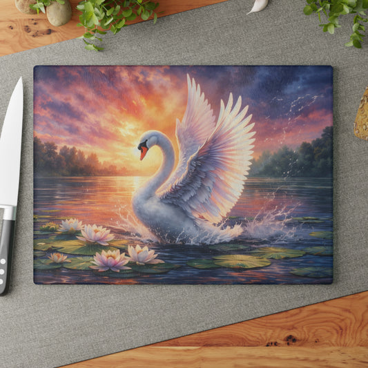 Graceful Swan Sunset Glass Cutting Board – Elegant Lake Nature Kitchen Art