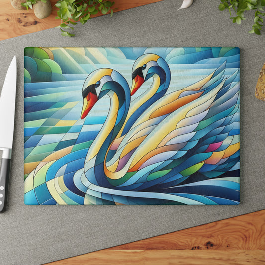 Tabla de cortar de vidrio con dos cisnes cubistas – Escena artística de río
