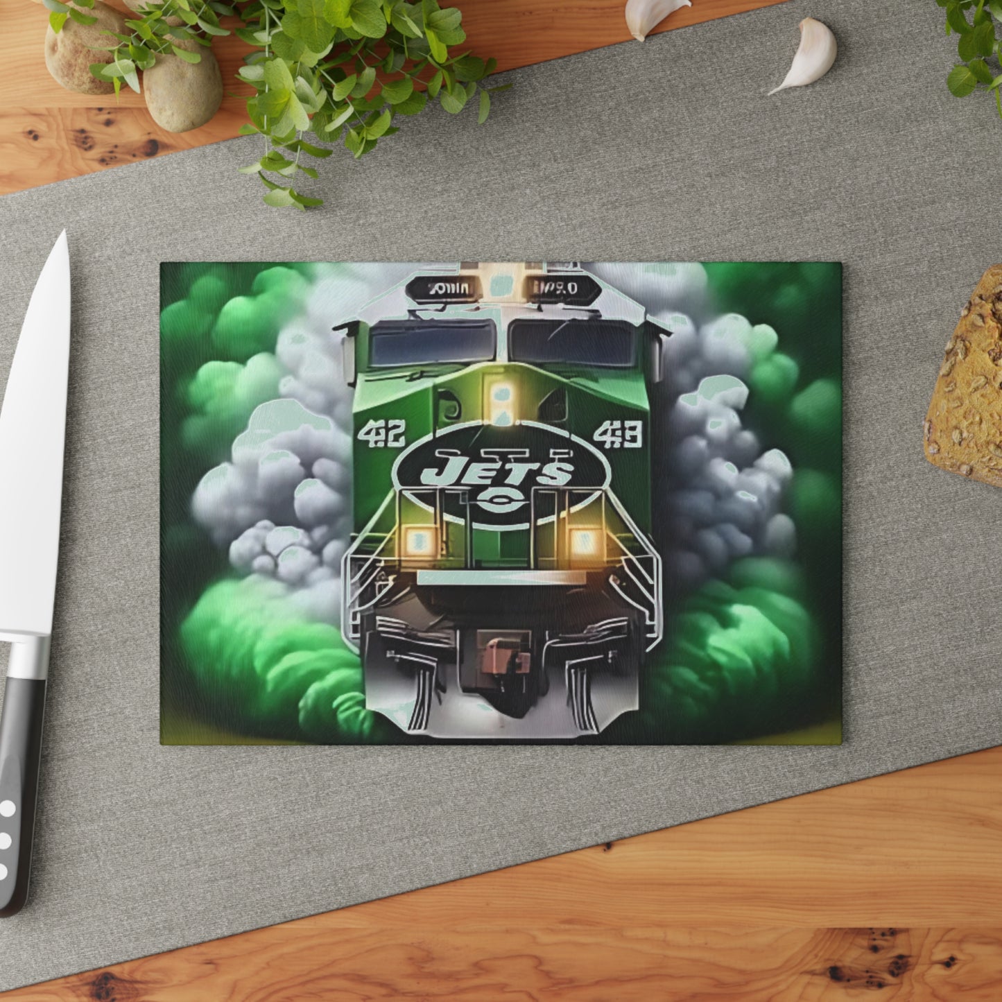 Green & White Express Glass Cutting Board – Clean Train Art for Fresh, Classic Kitchens