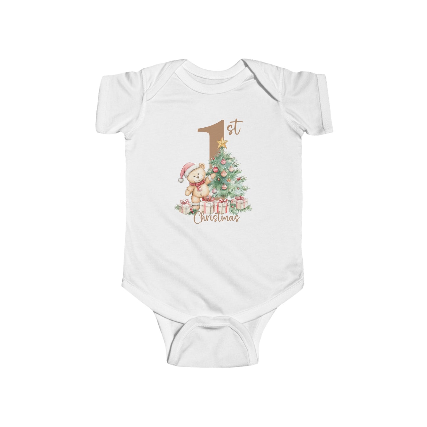 🎄 Teddy’s 1st Christmas Baby Onesie – Sweet Tree & Presents