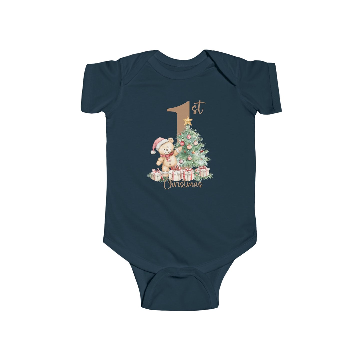 🎄 Teddy’s 1st Christmas Baby Onesie – Sweet Tree & Presents