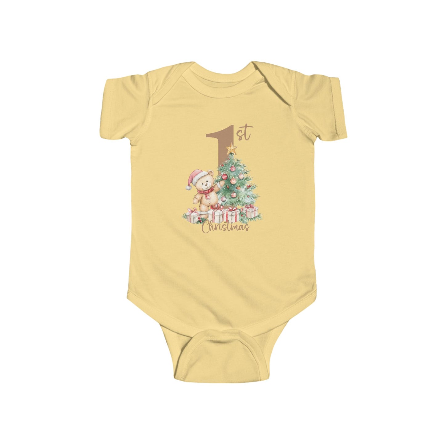 🎄 Teddy’s 1st Christmas Baby Onesie – Sweet Tree & Presents