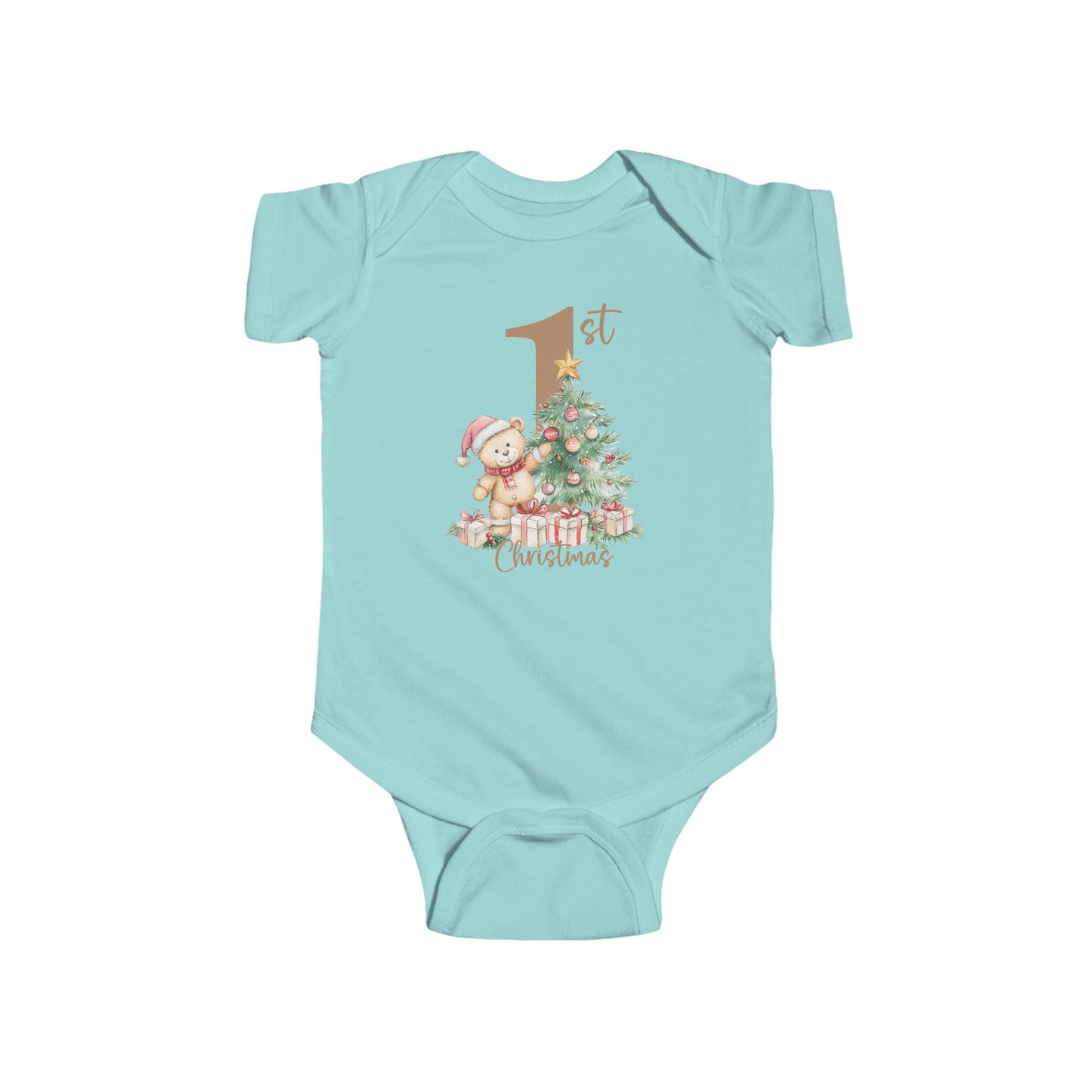 🎄 Teddy’s 1st Christmas Baby Onesie – Sweet Tree & Presents