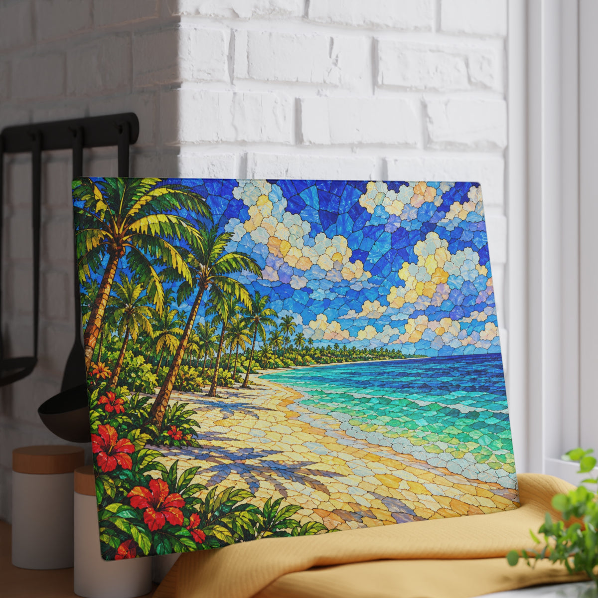 Tropical Paradise Stained-Glass-Inspired Glass Cutting Board – Palm Tree Beach Kitchen Decor