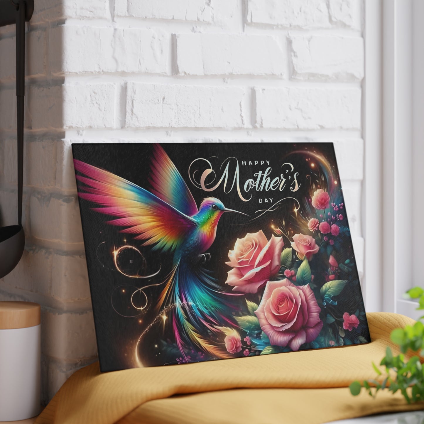 Hummingbird & Roses Tempered Glass Cutting Board – Floral Kitchen Decor, Spring Gift, Mother’s Day Present