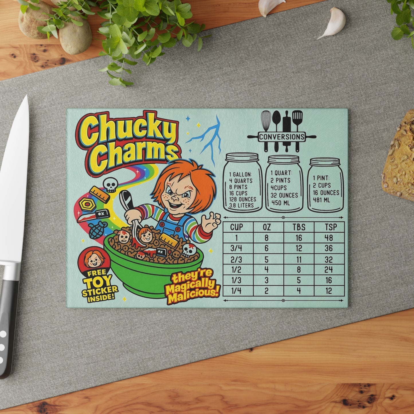 🧪 Chucky Charms Cutting Board – “Magically Malicious” Parody for Your Creepy-Cute Kitchen 🍀