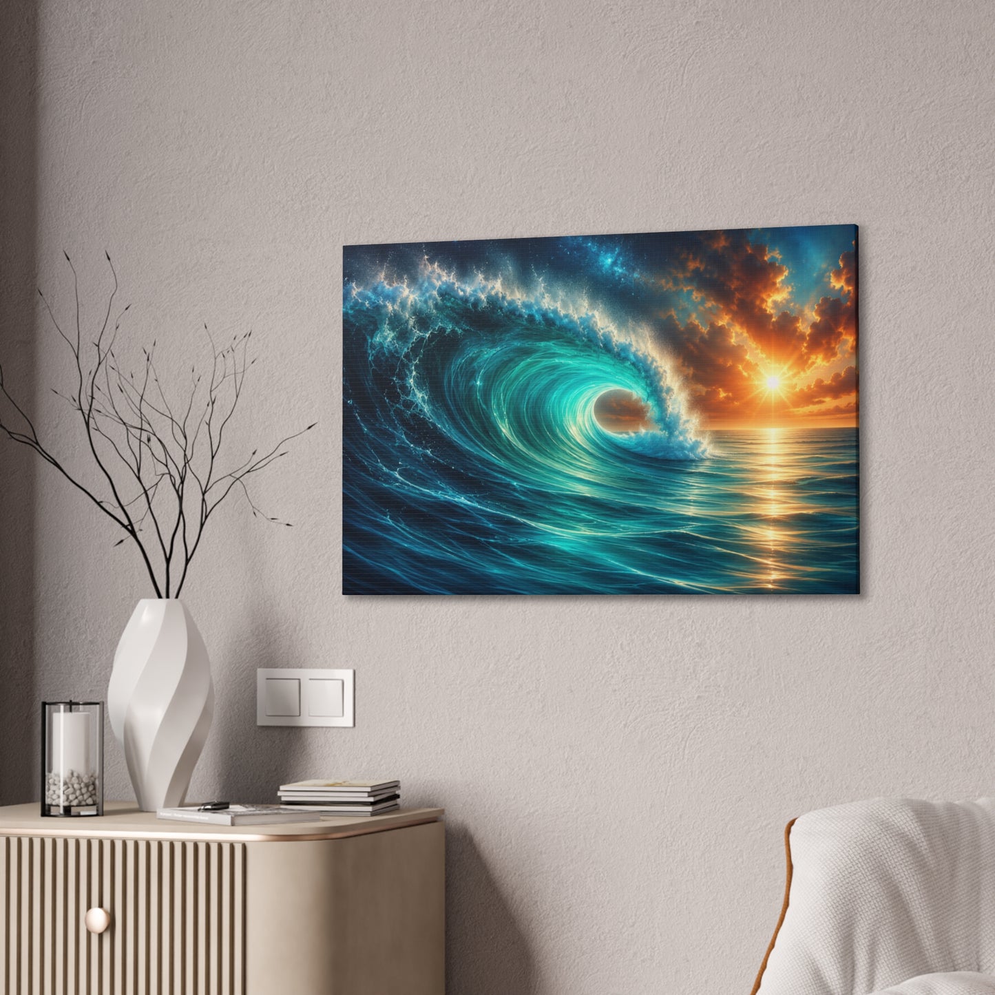 Ocean Wave Sunset Stretched Canvas Wall Art – Coastal Ocean Canvas – 36 × 24 Inches