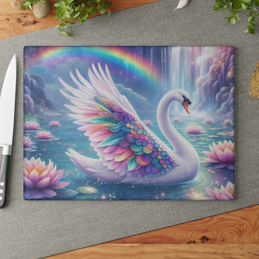 Rainbow Swan Fantasy Glass Cutting Board – Dreamy Water Garden Kitchen Art