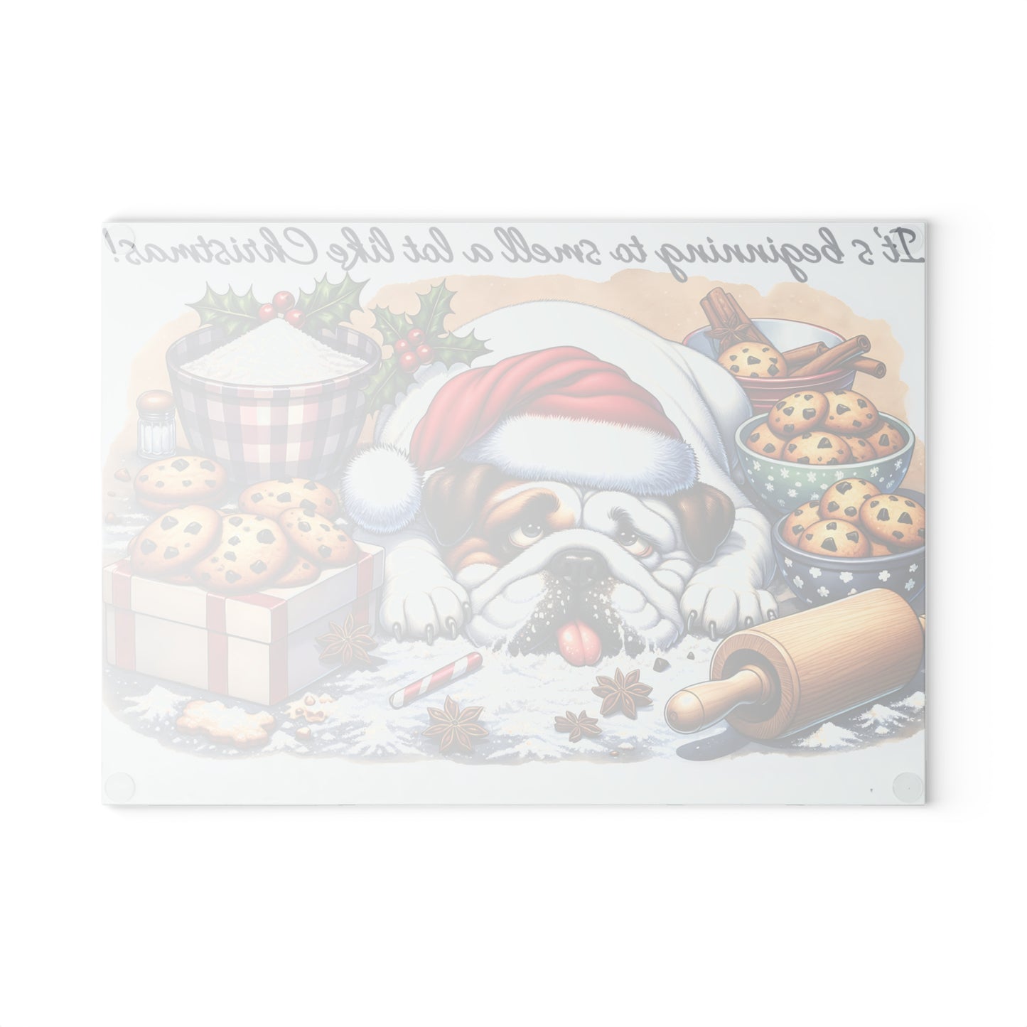🐶🎄 “It’s Beginning to Smell a Lot Like Christmas” Bulldog Cutting Board – Festive Kitchen Cheer