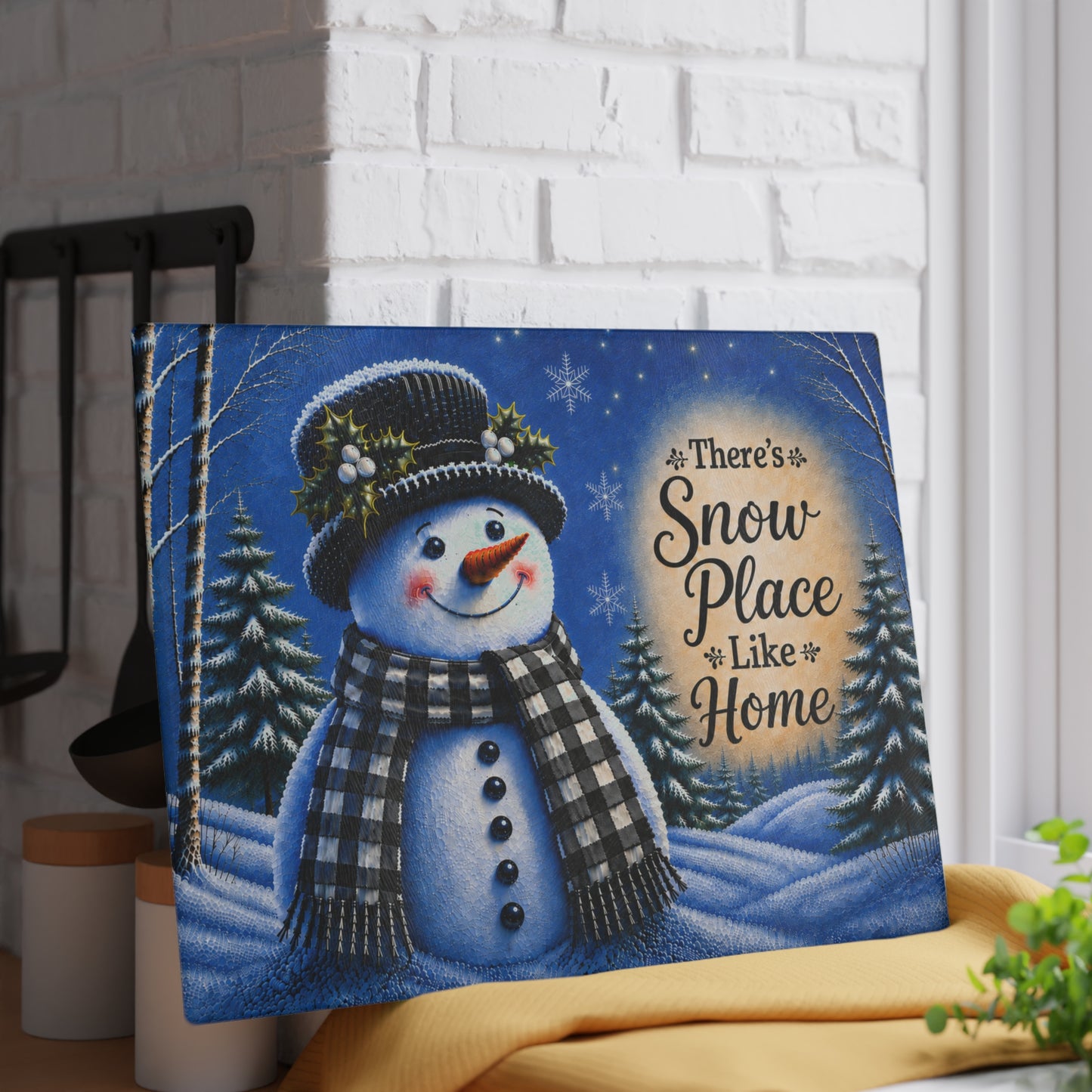 There’s Snow Place Like Home Snowman Glass Cutting Board – Black & White Plaid Winter Kitchen Decor