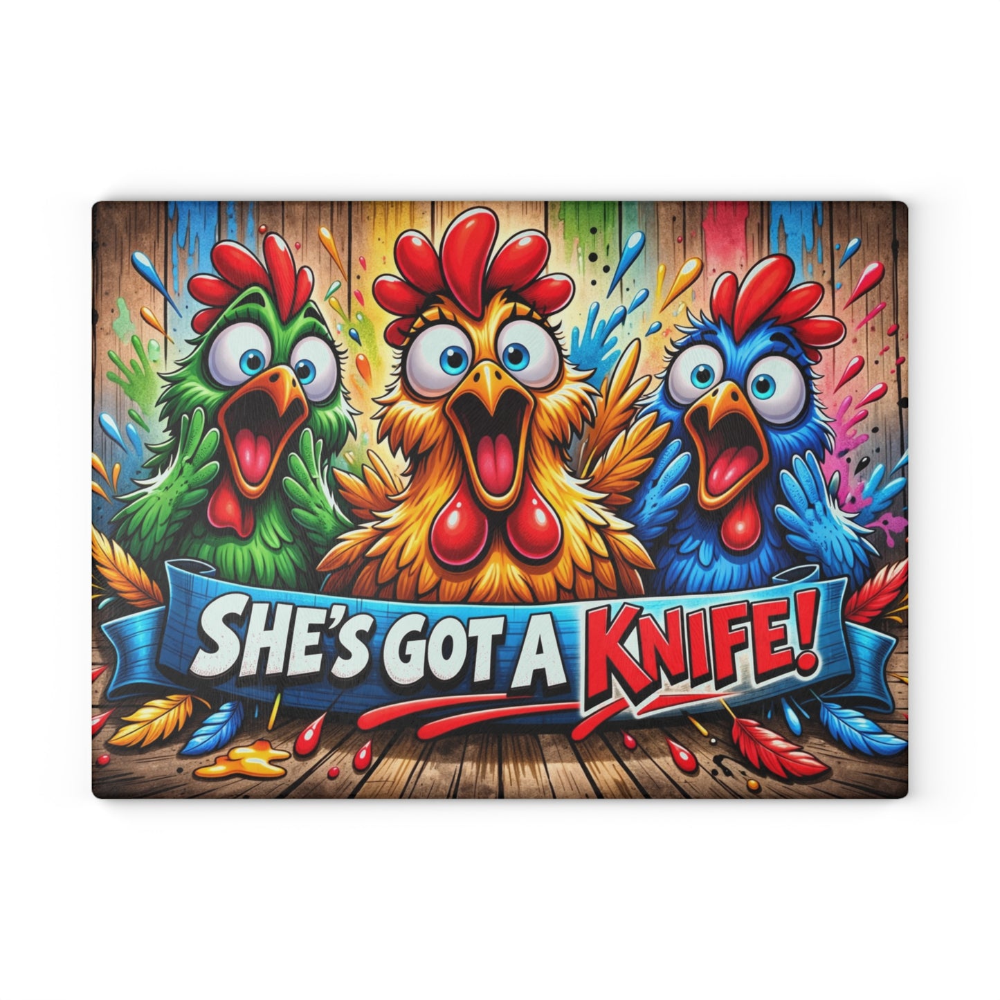 She’s Got a Knife! Glass Cutting Board – Loud Color Chicken Farmhouse Artwork
