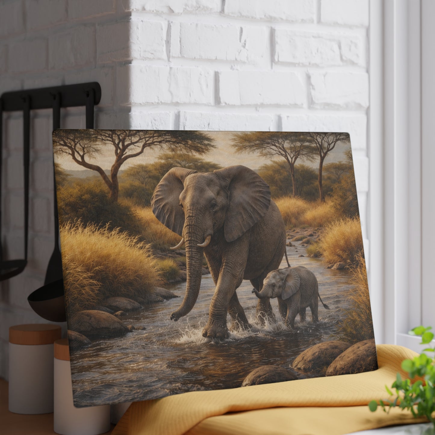 Elephant and Calf River Crossing Glass Cutting Board – Peaceful Wildlife Nature Kitchen Art