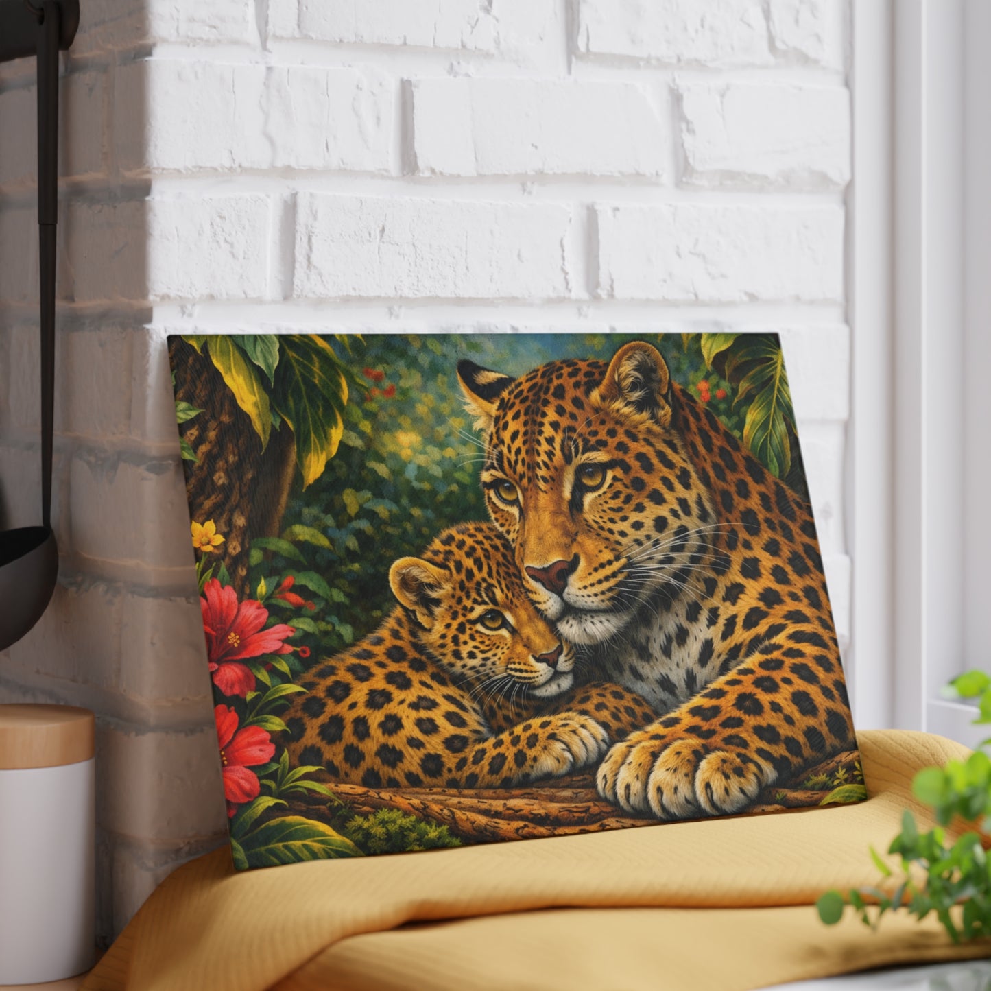 Leopard Mother and Cub Glass Cutting Board – Jungle Wildlife Family Artwork