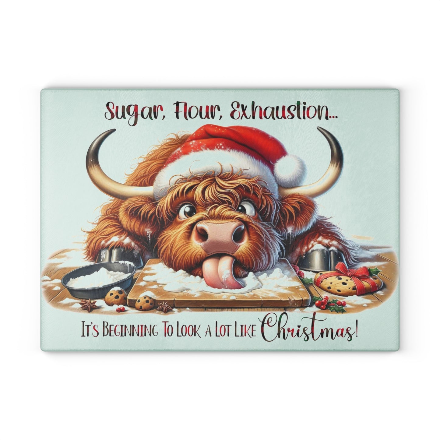 🤣🐮 “Sugar, Flour, Exhaustion” Highland Cow – Funny Christmas Baking Cutting Board 🎄✨