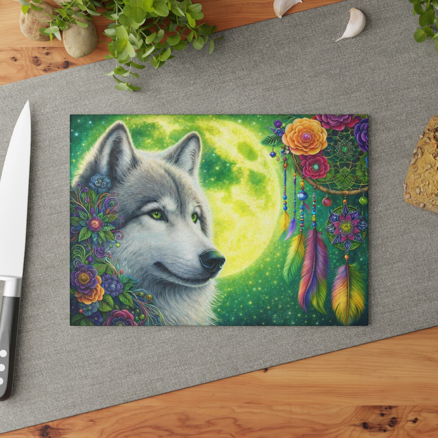 Moonlit Spirit Wolf Glass Cutting Board – Colorful Dreamcatcher Wildlife Kitchen Art