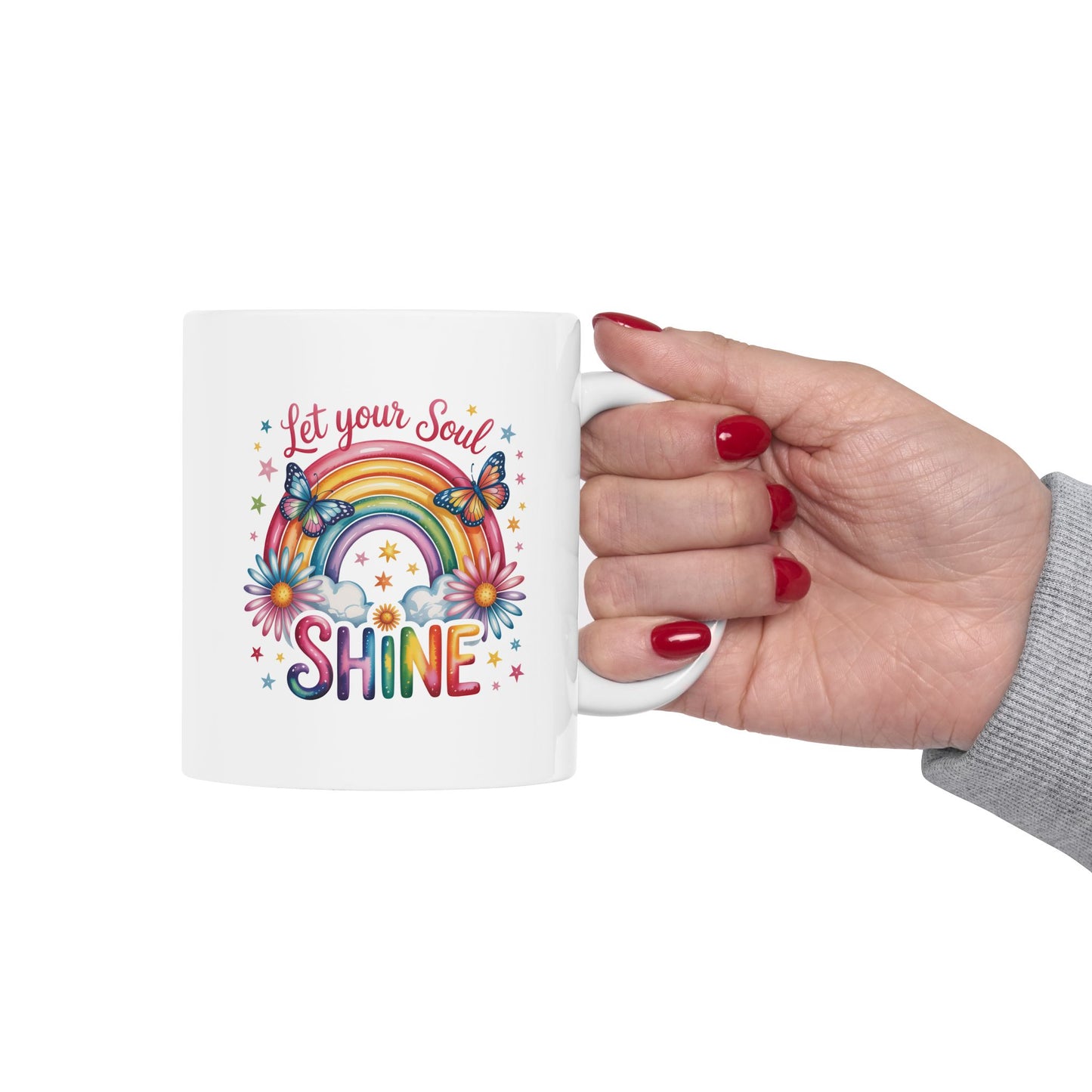 Taza motivacional arcoíris "Deja que tu alma brille"