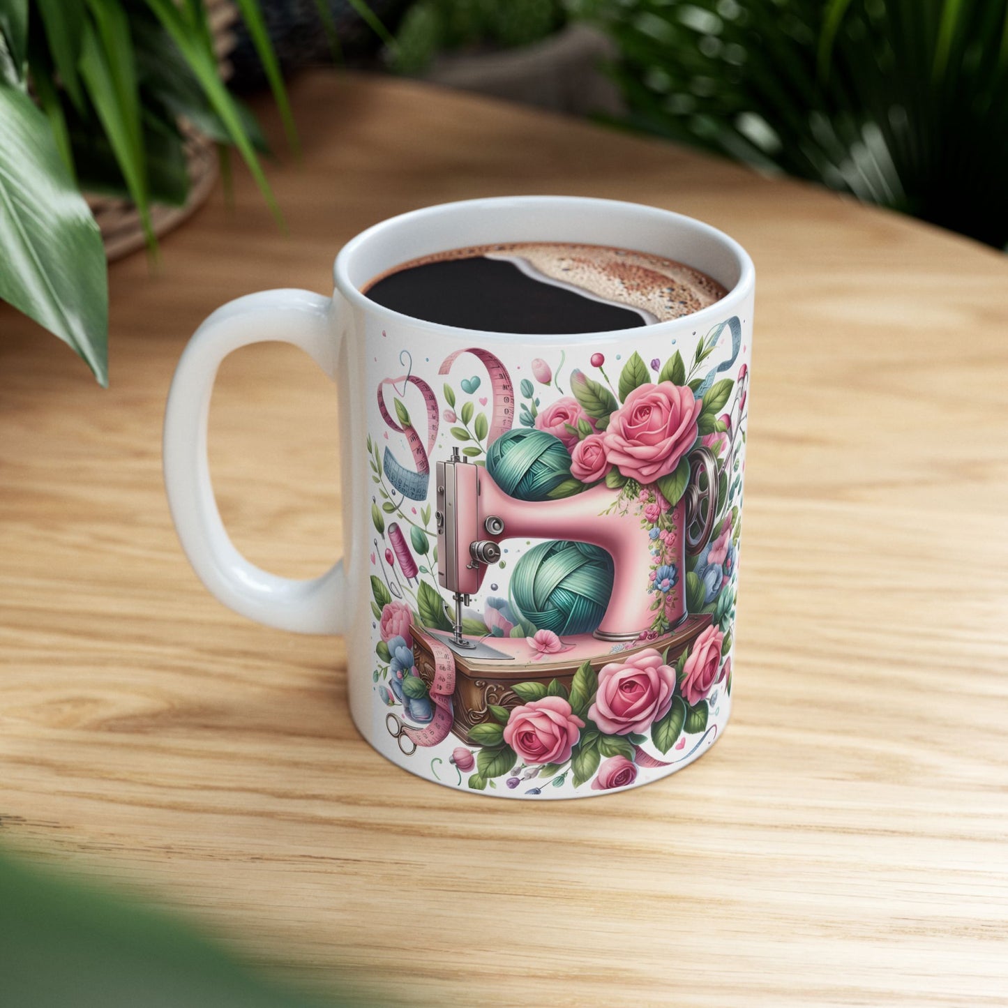 🌸🧵 Floral Sewing Machine Mug – Personalized Coffee Cup for Quilters & Crafters ✨☕