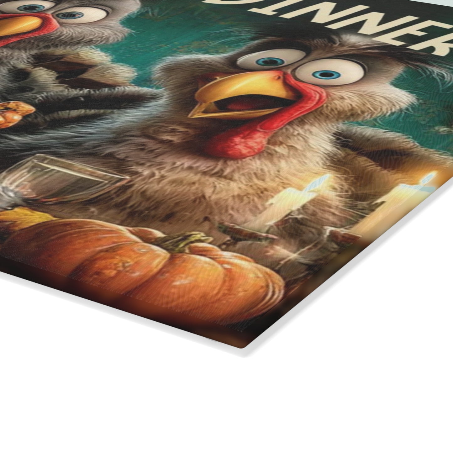 🦃🥔 “Dinner Time Surprise” Glass Cutting Board – Playful Rustic Kitchen Décor