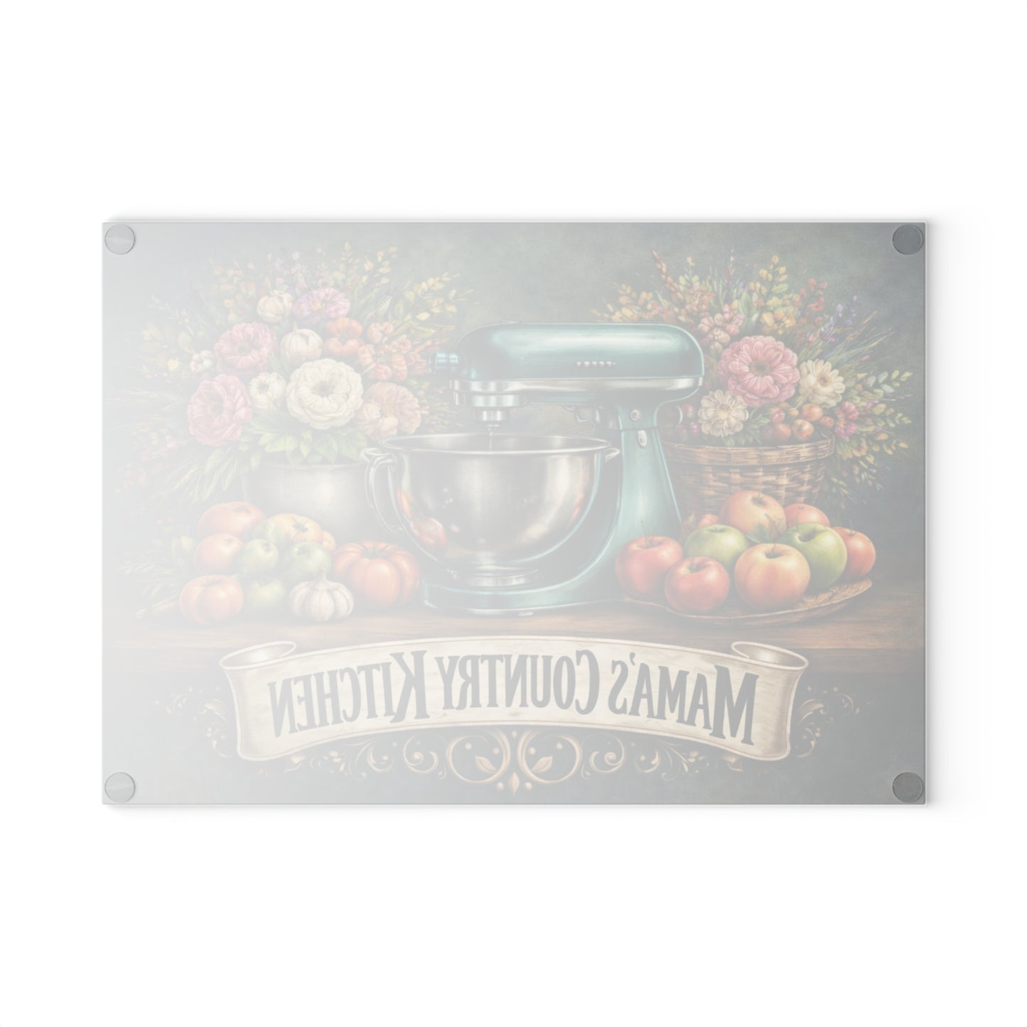 Mama’s Country Kitchen Glass Cutting Board – Farmhouse Baking Art with Vintage Mixer Charm