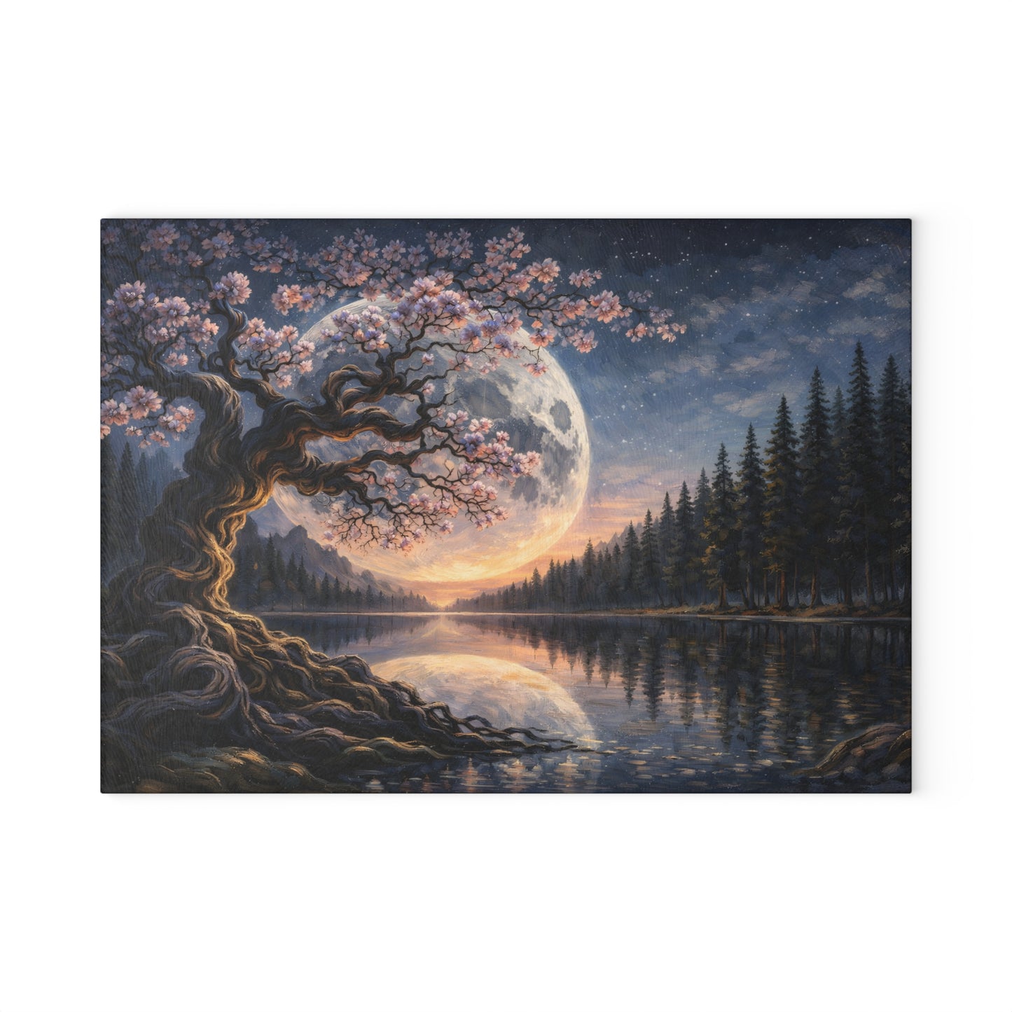 Moonlit Blossom Tree Glass Cutting Board – Dreamlike Night Landscape Art
