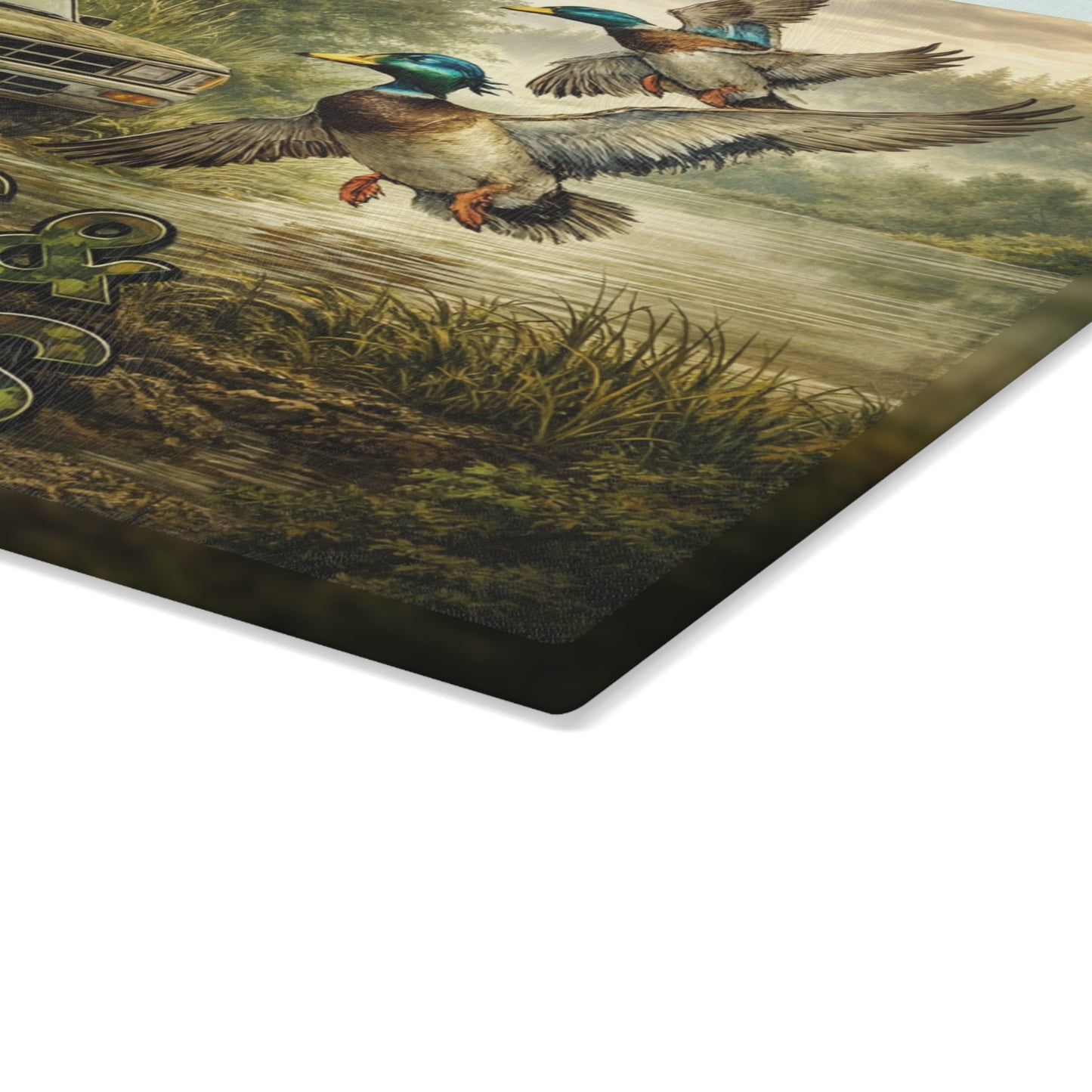 Ducks & Trucks Glass Cutting Board – Rustic Hunting Scene Kitchen Art & Display Board