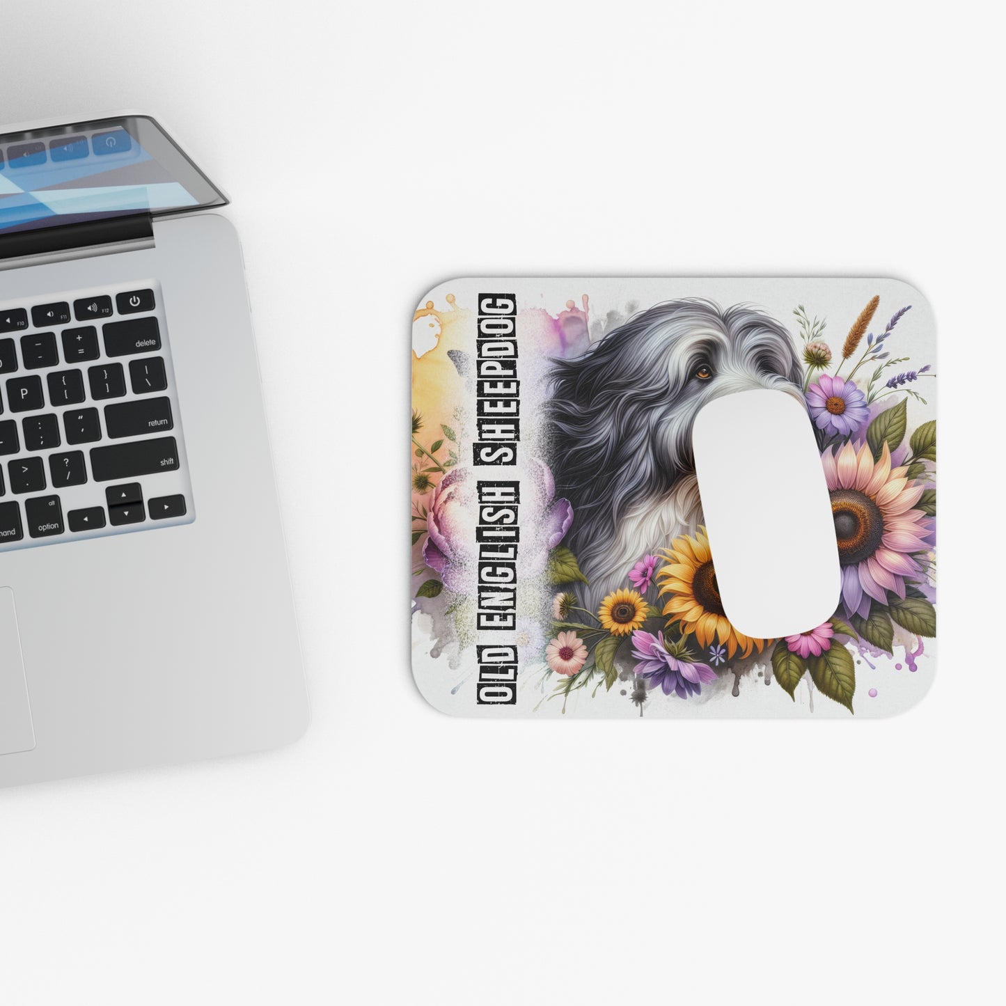 🖱️🐑🌻 Old English Sheepdog Mouse Pad – Fluffy OES with Sunflowers & Garden Florals