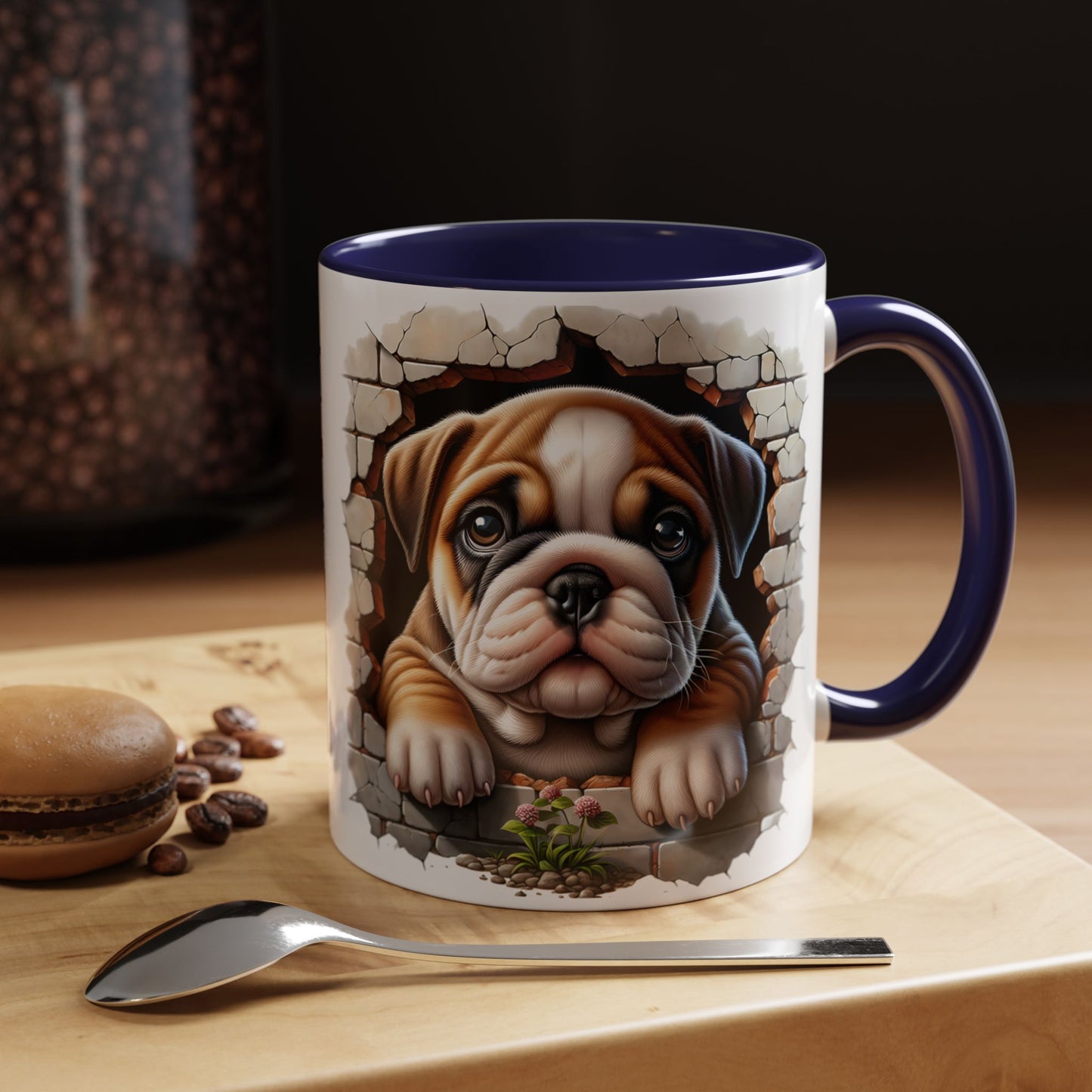 🎀🐶 English Bulldog Puppy Accent Mug – Cute Peek-Through Dog Design for Animal Lovers ☕💖